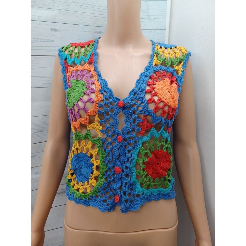 Vtg Street Wear Crochet Vest Granny Square Boho Festival Sz M